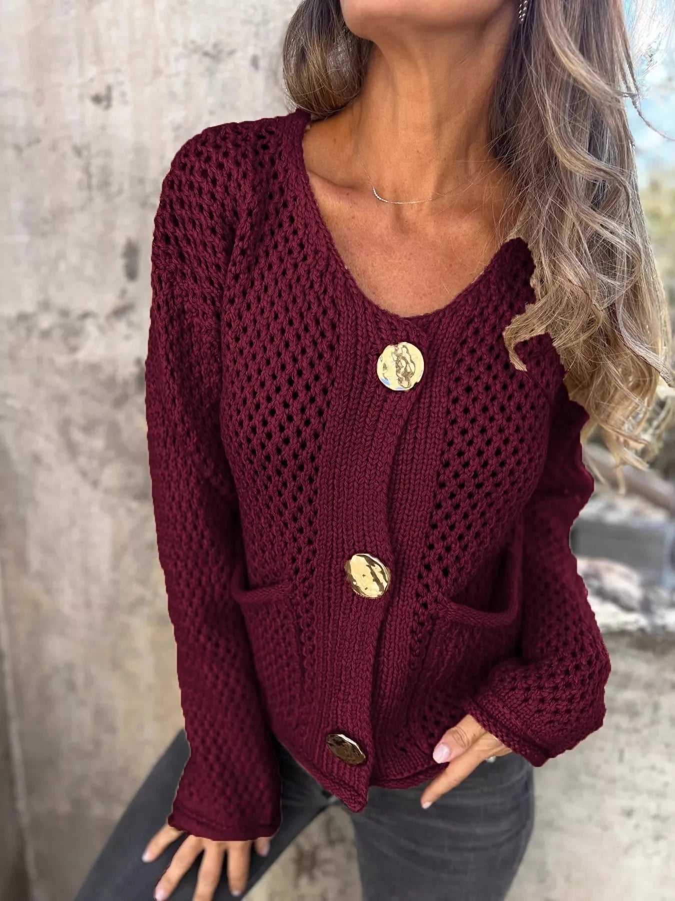 Crochet Button Up Long Sleeve Cardigan