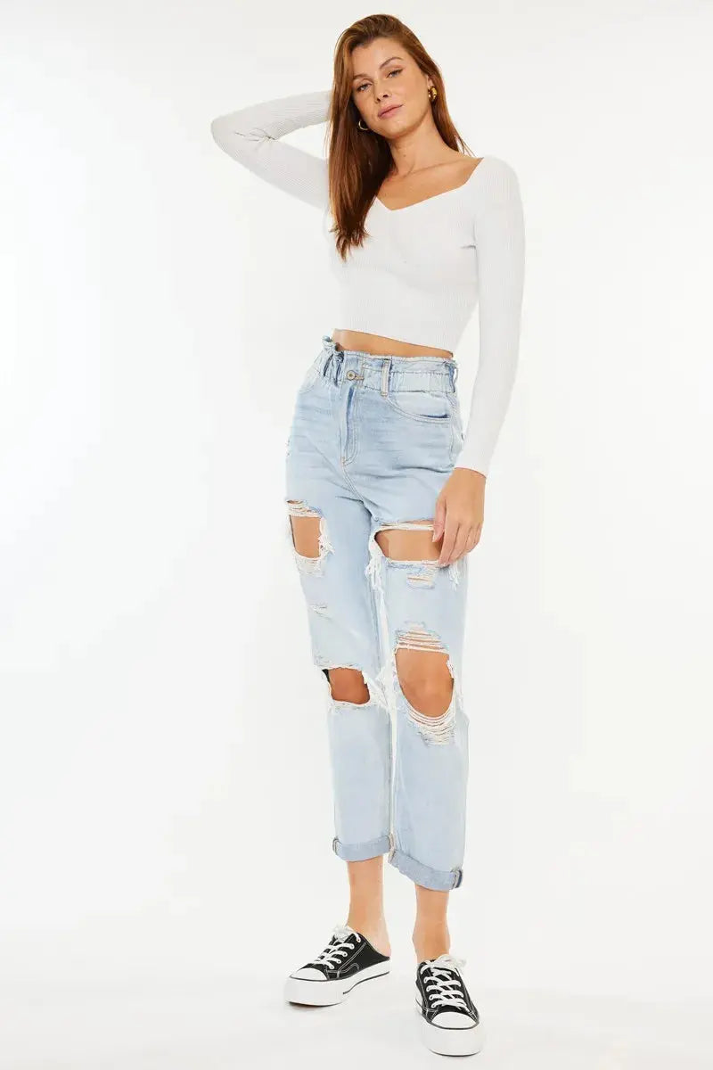 Open Pack Paperbag Distressed Kancan Mom Jeans