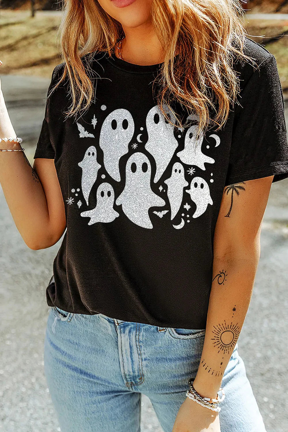 Plus Size Ghost Round Neck Short Sleeve Halloween Graphic T Shirt