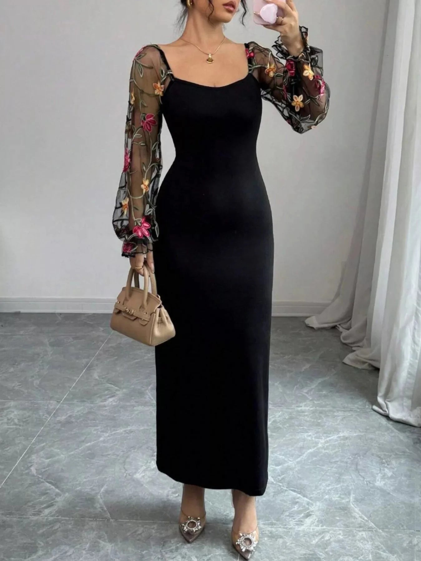 Sheer Floral Mesh Sleeves Black Bodycon Dress