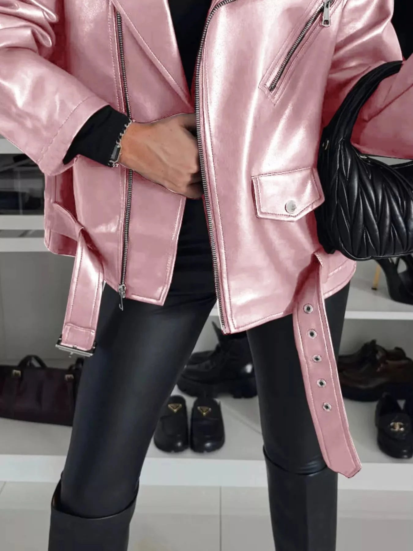 Plus Size Zip Up Long Sleeve Faux Leather Jacket