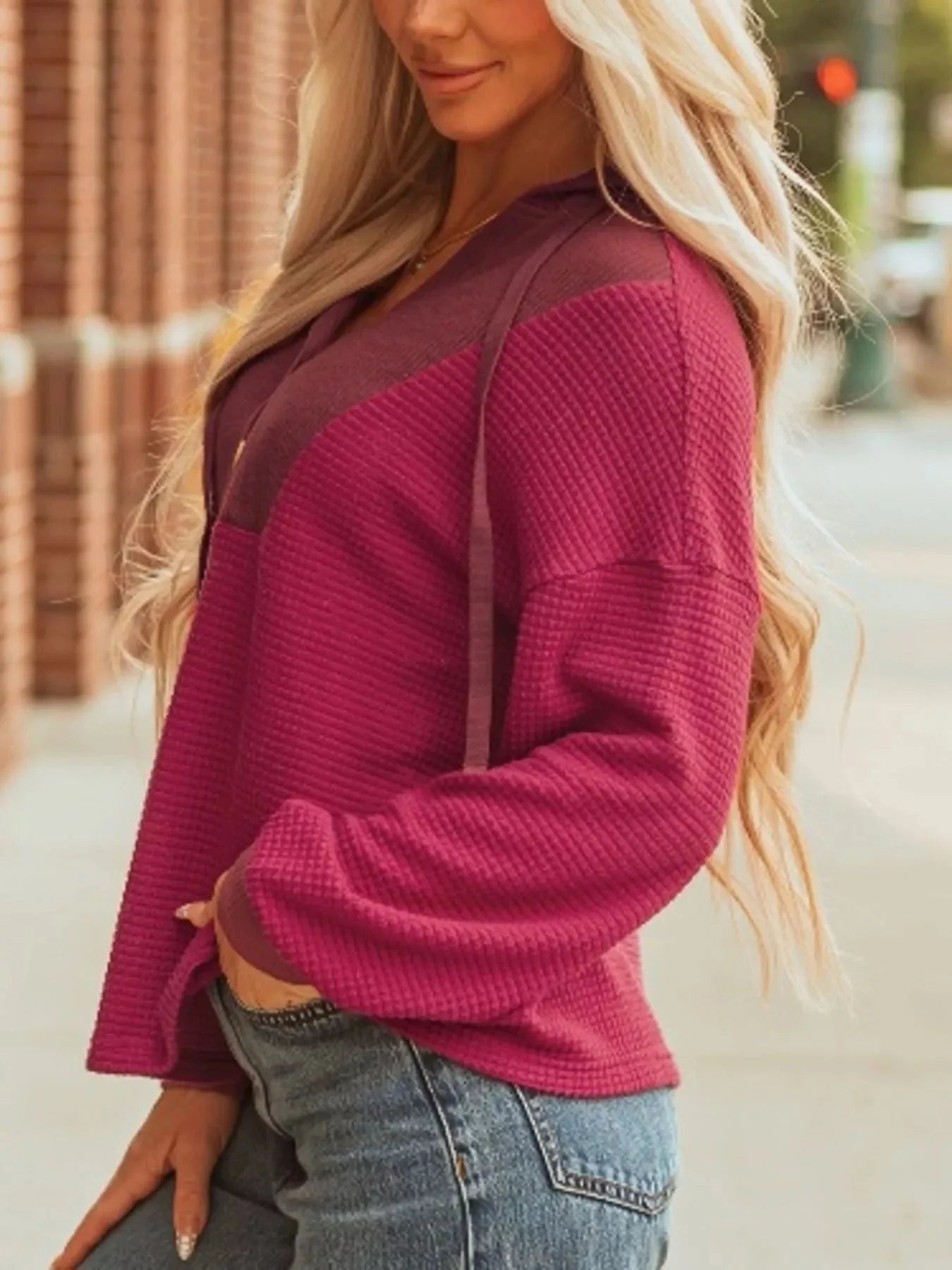 Cozy Contrast Waffle Knit Henley Sweatshirt with Button Detail