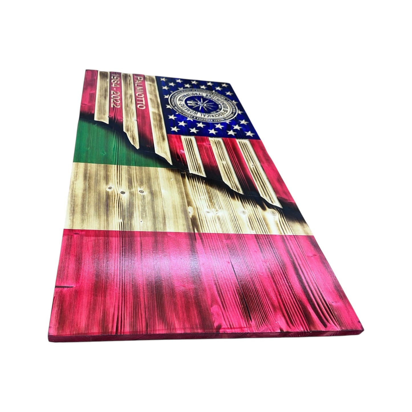 Custom Split American Flag with Engraved Badges and Personalization