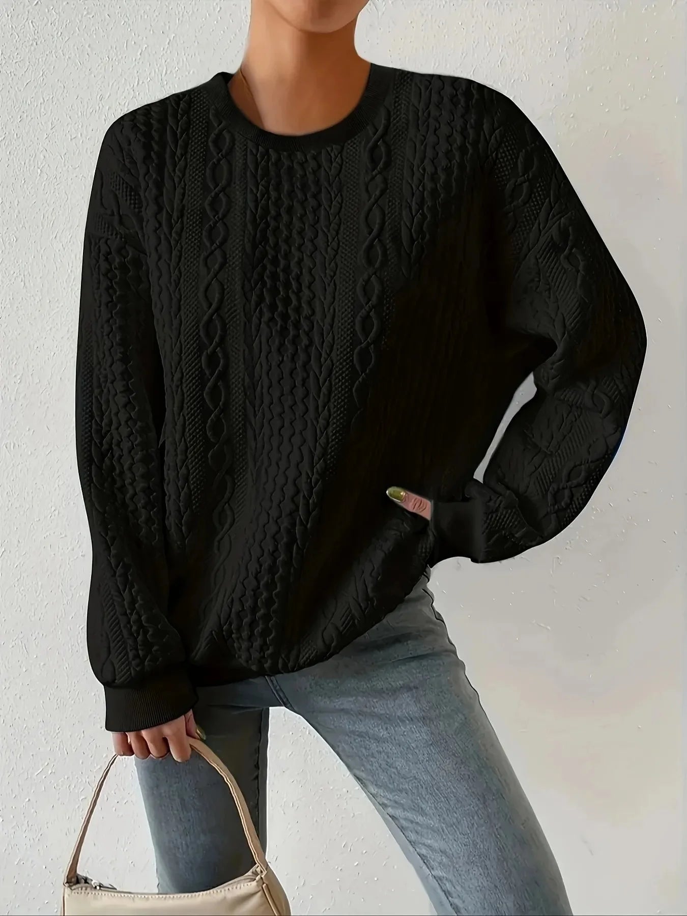 Round Neck Cable Knit Oversized Sweatshirt