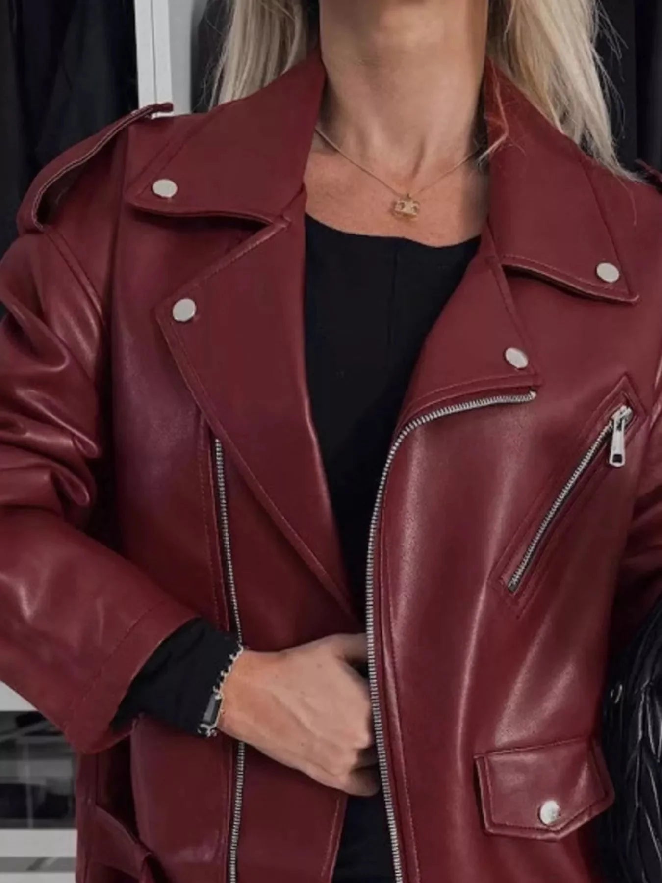 Plus Size Zip Up Long Sleeve Faux Leather Jacket