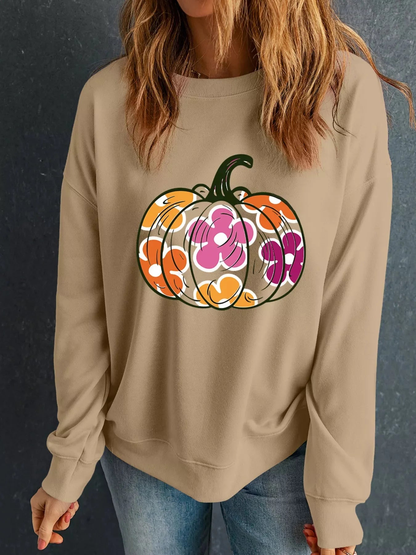 Drop Shoulder Floral Pumpkin Halloween Graphic Sweatshirt