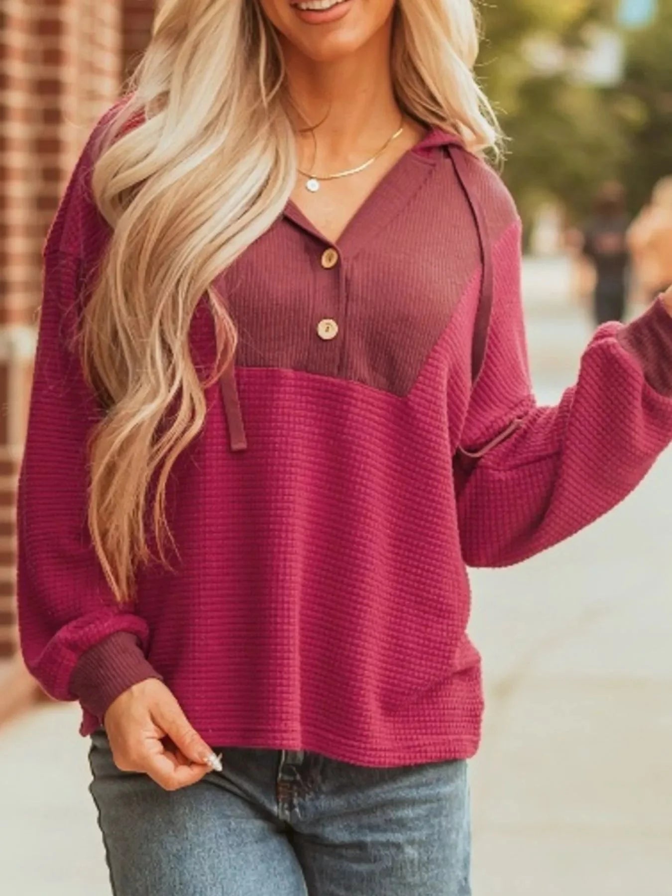 Cozy Contrast Waffle Knit Henley Sweatshirt with Button Detail