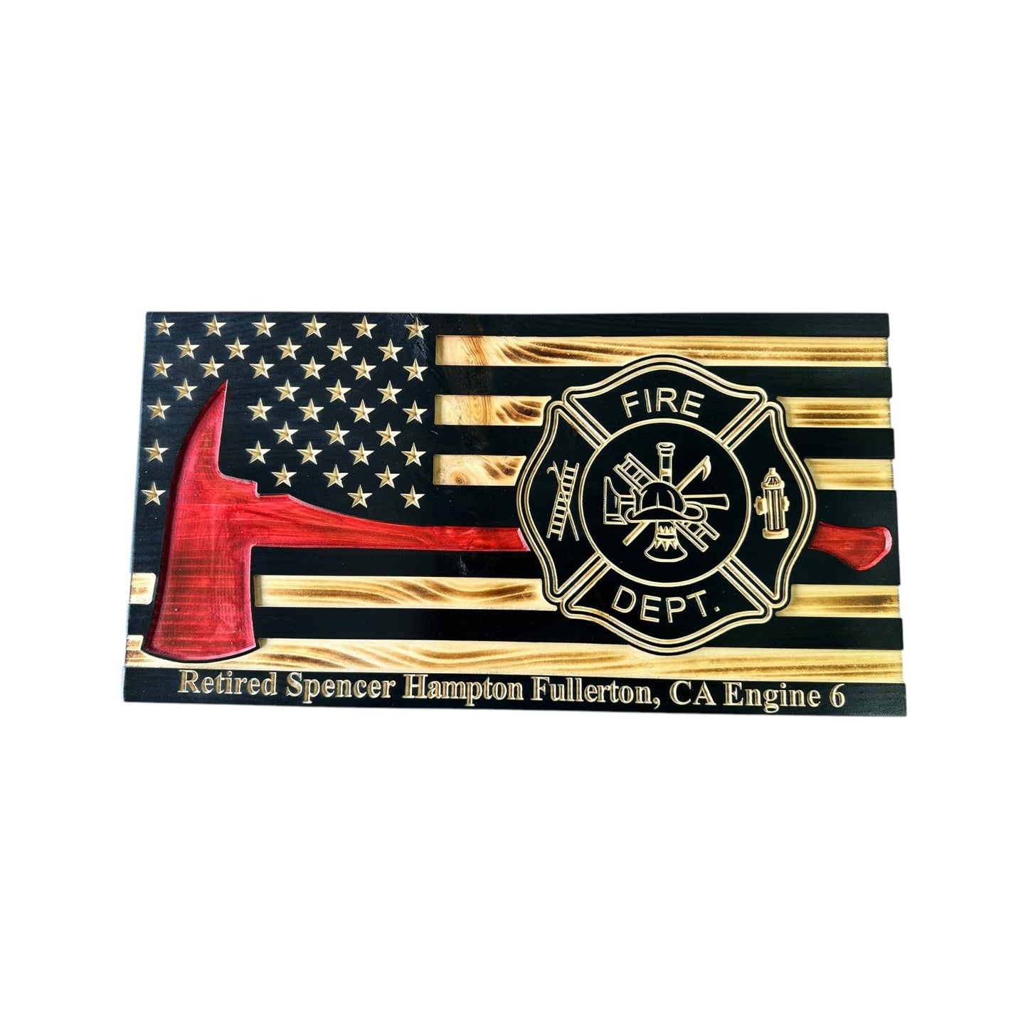 Wooden Thin Red Line American Flag with Firefighter Axe and Custom Badge