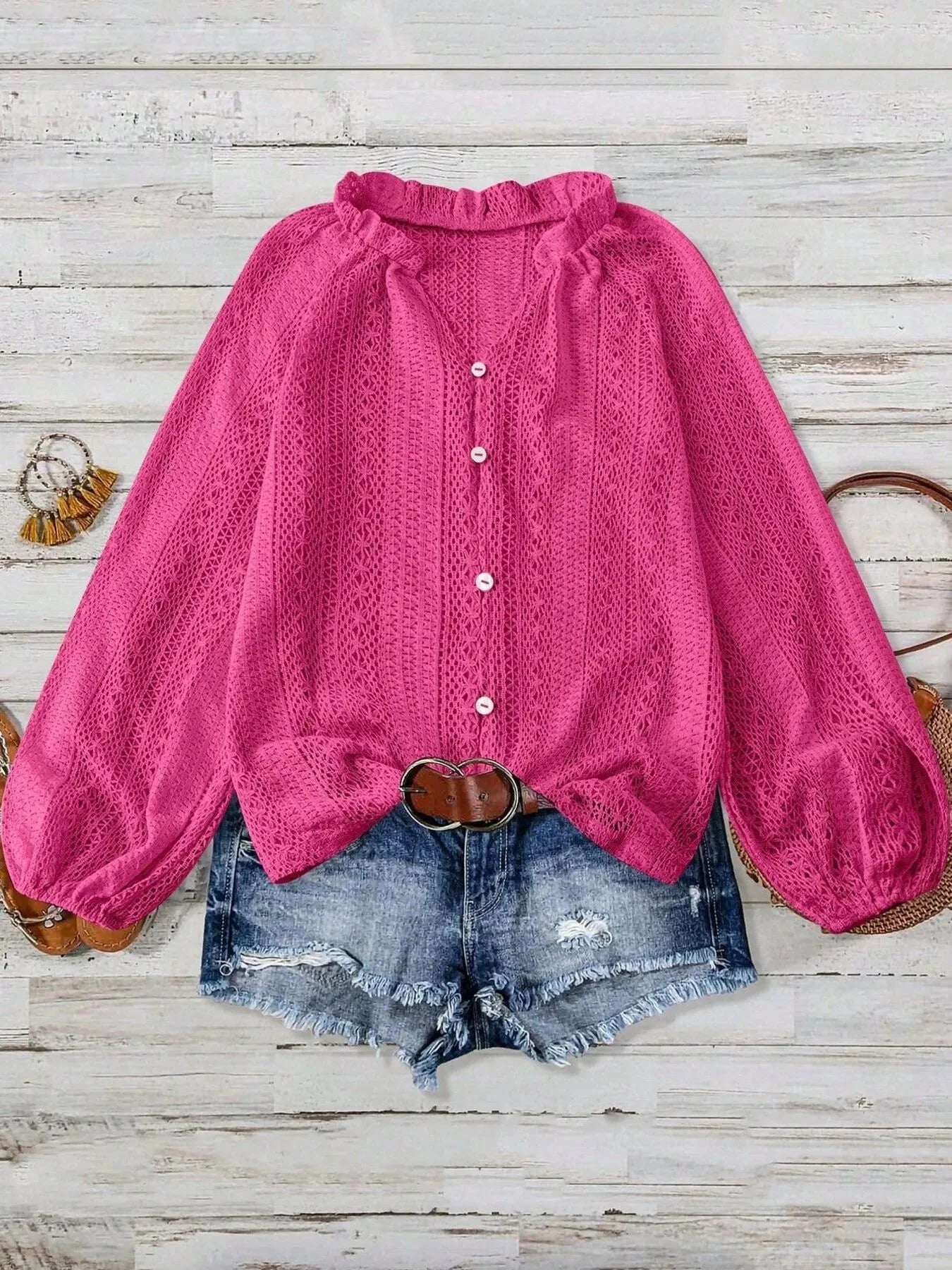 Crochet Notched Button Front Shirt