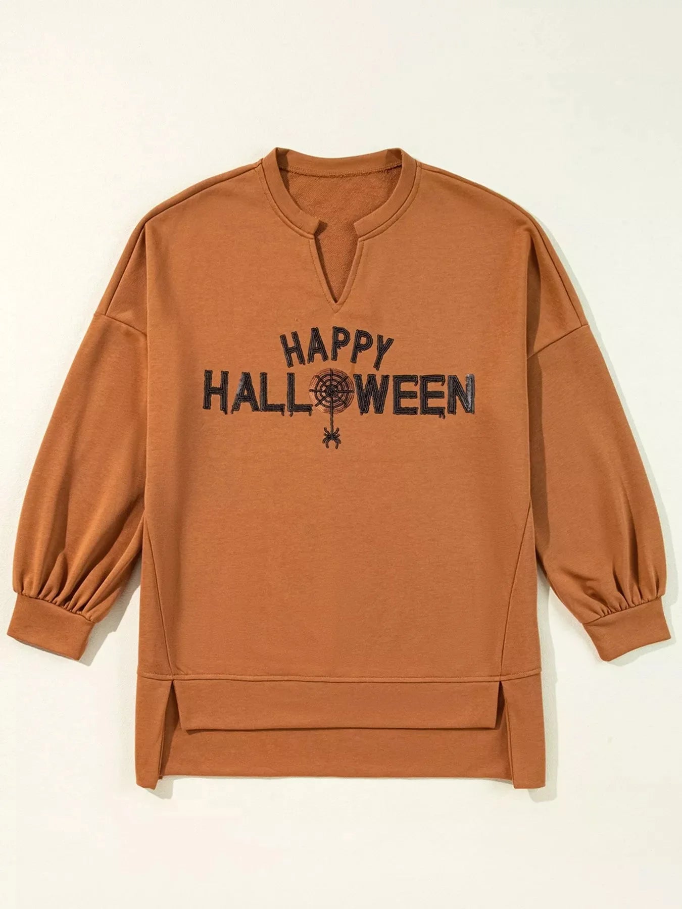 Notched Long Sleeve Oversized Happy Halloween Graphic Sweatshirt