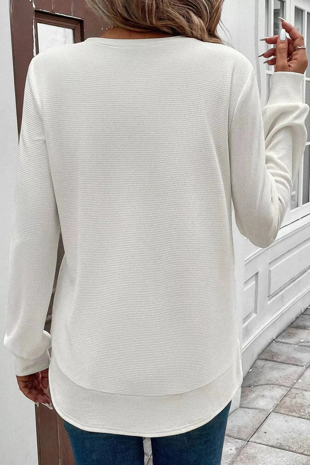 Rounded Neck Long Sleeve Waffle Knit Top