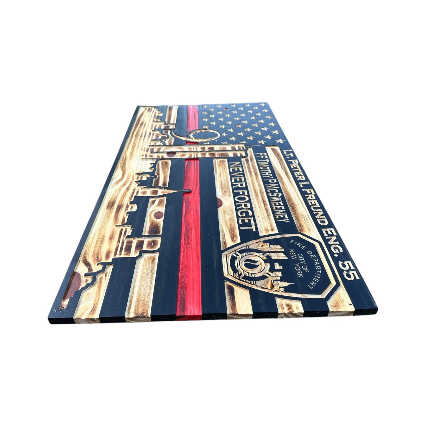 Wooden American Flag with NYC Skyline and Twin Towers - 9/11 Tribute Wall Art