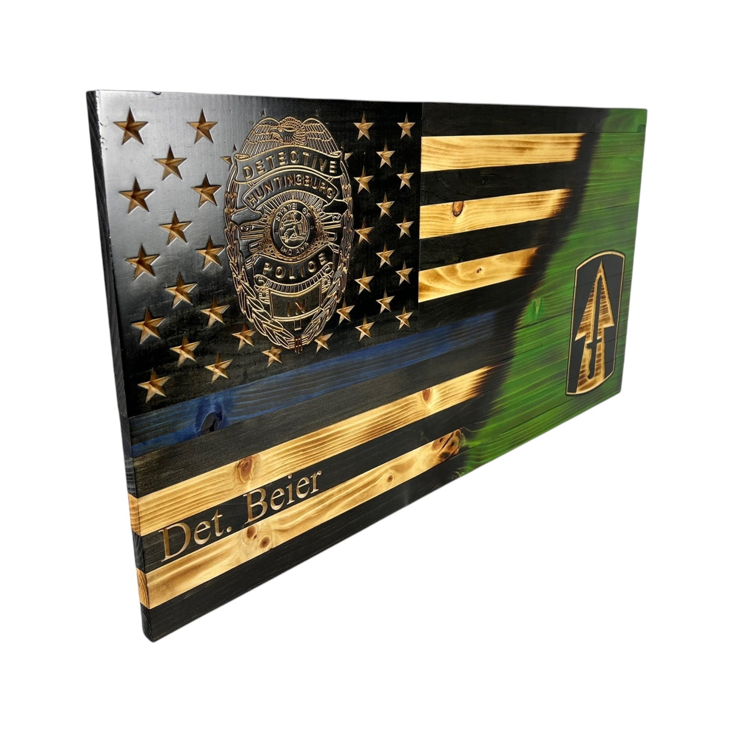 Custom Split American Flag with Engraved Badges and Personalization