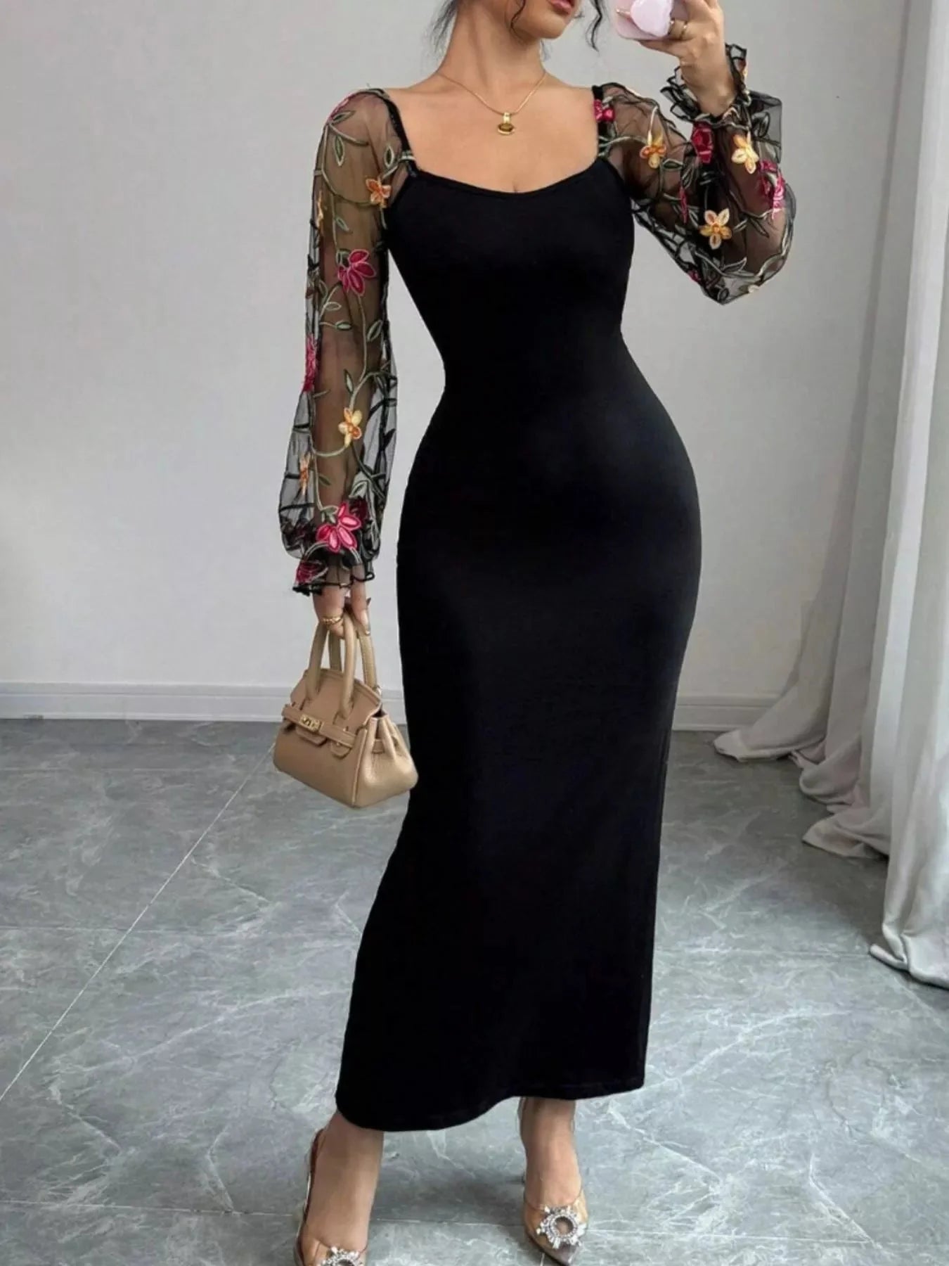Sheer Floral Mesh Sleeves Black Bodycon Dress