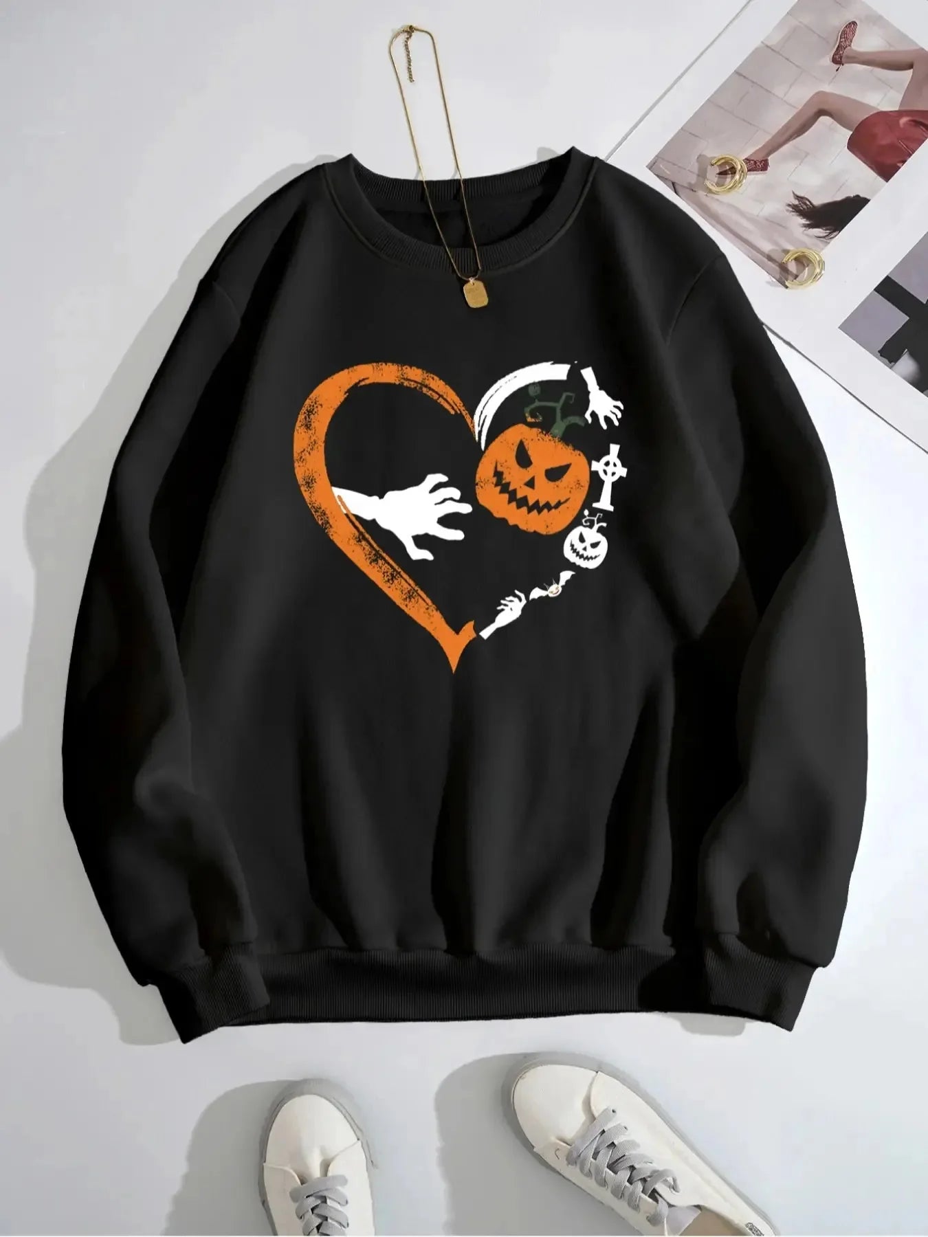 Heart Pumpkin Round Neck Halloween Graphic Sweatshirt