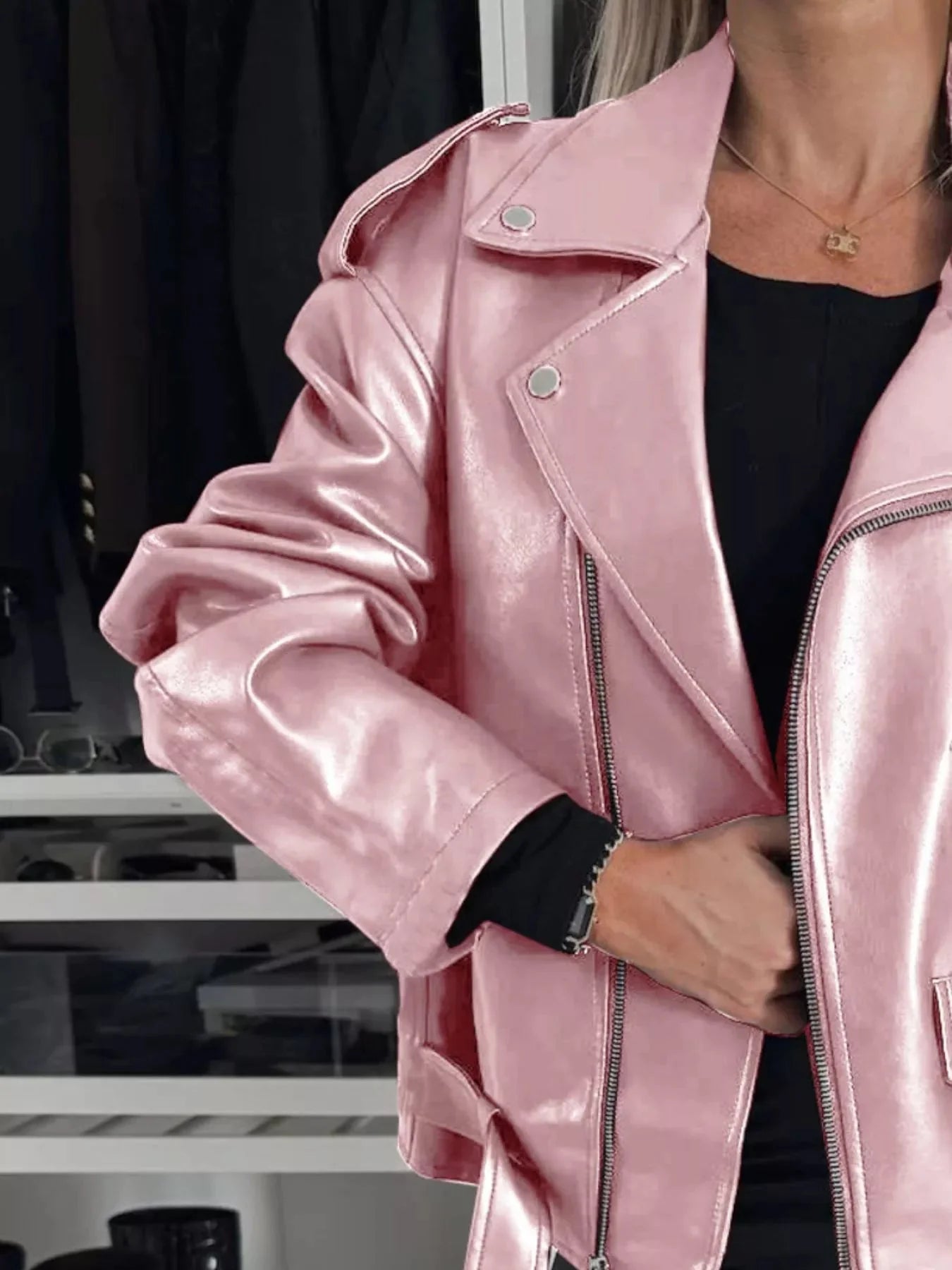 Plus Size Zip Up Long Sleeve Faux Leather Jacket