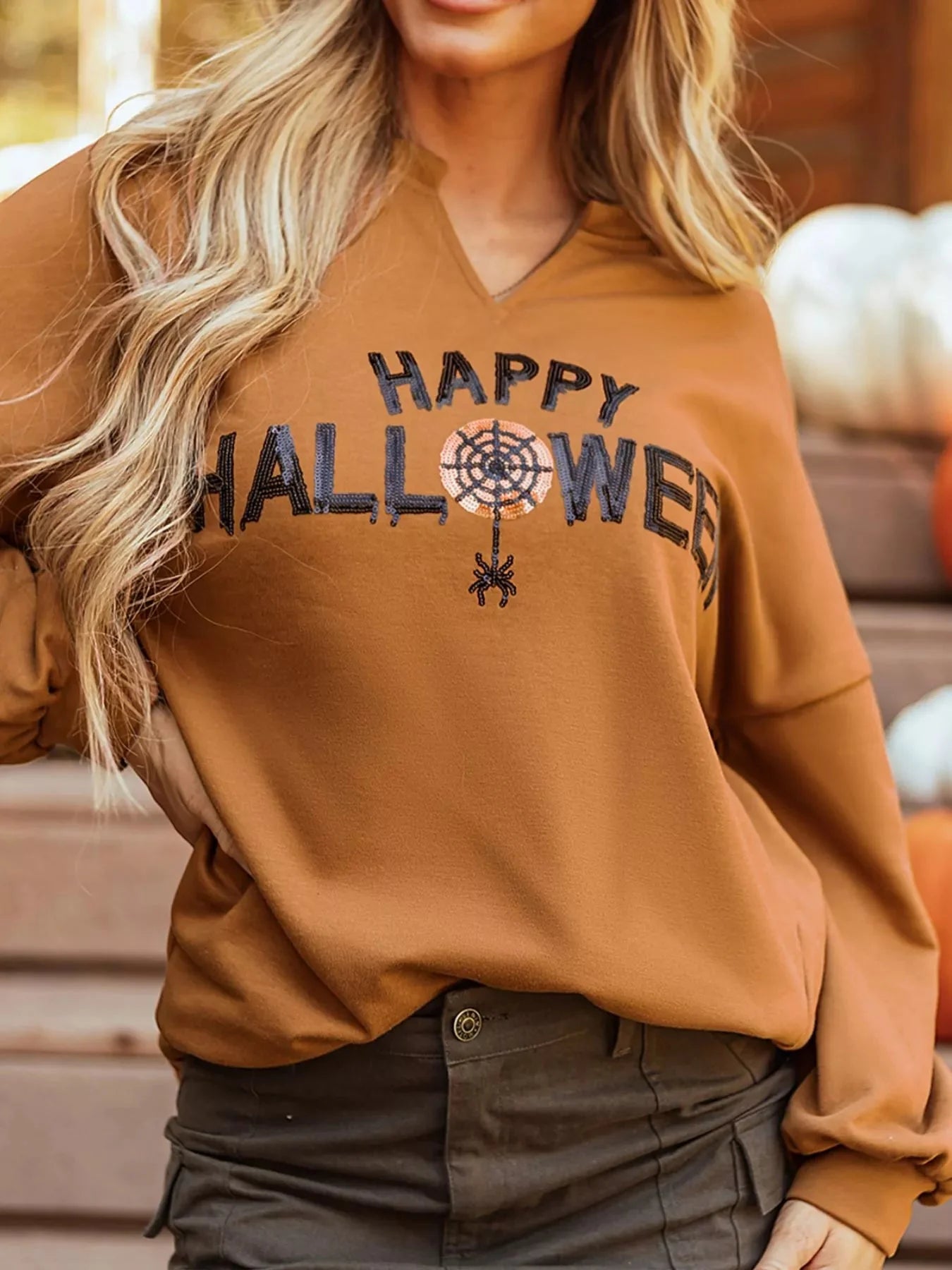Notched Long Sleeve Oversized Happy Halloween Graphic Sweatshirt
