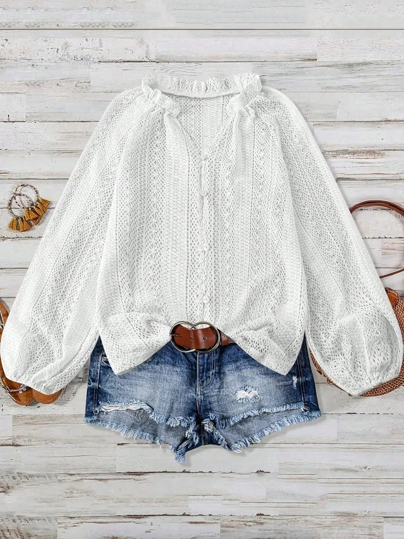 Crochet Notched Button Front Shirt