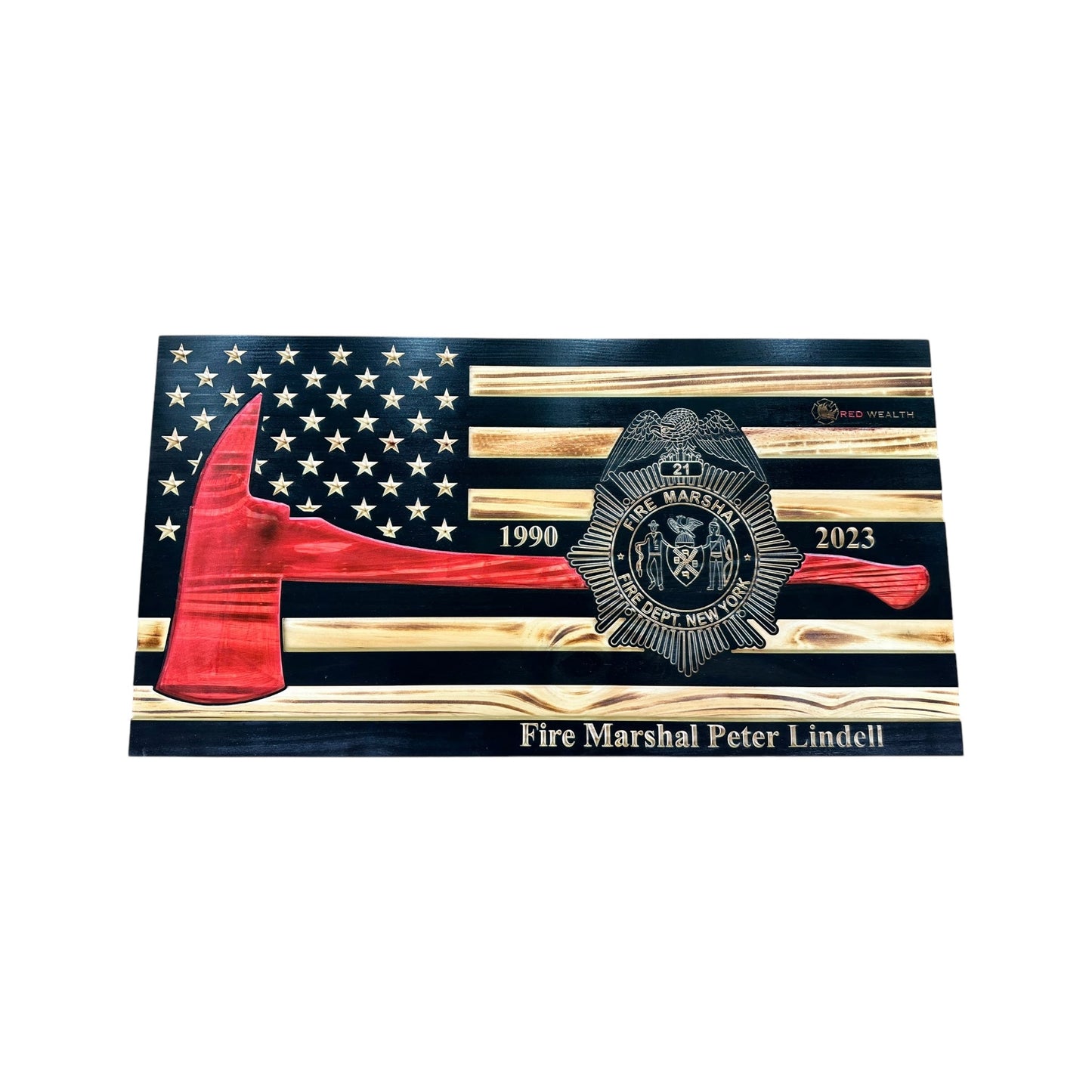 Wooden Thin Red Line American Flag with Firefighter Axe and Custom Badge