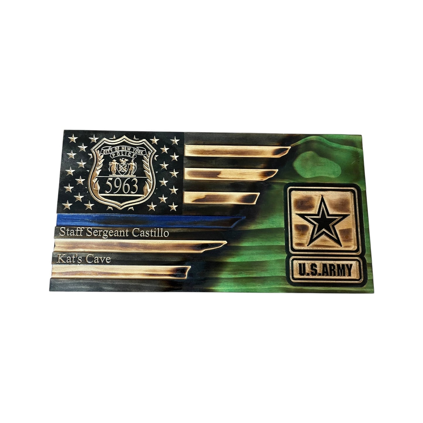 Custom Split American Flag with Engraved Badges and Personalization