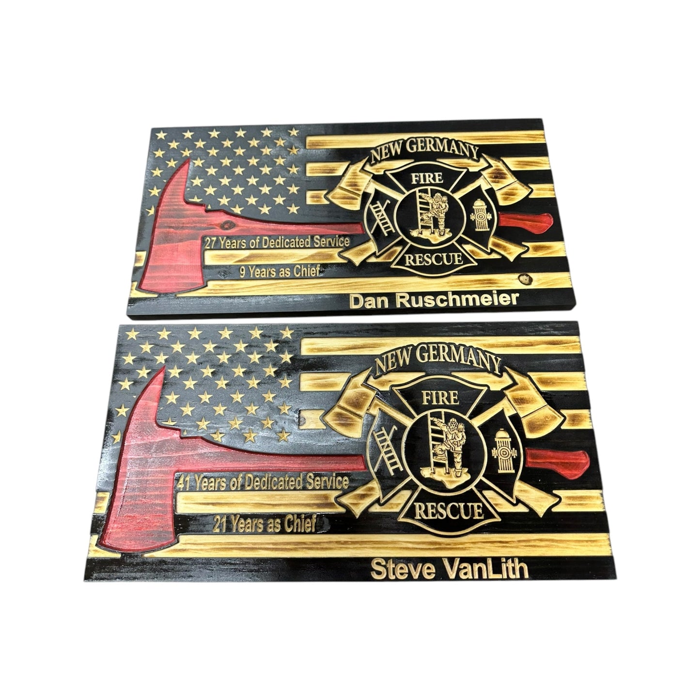 Wooden Thin Red Line American Flag with Firefighter Axe and Custom Badge