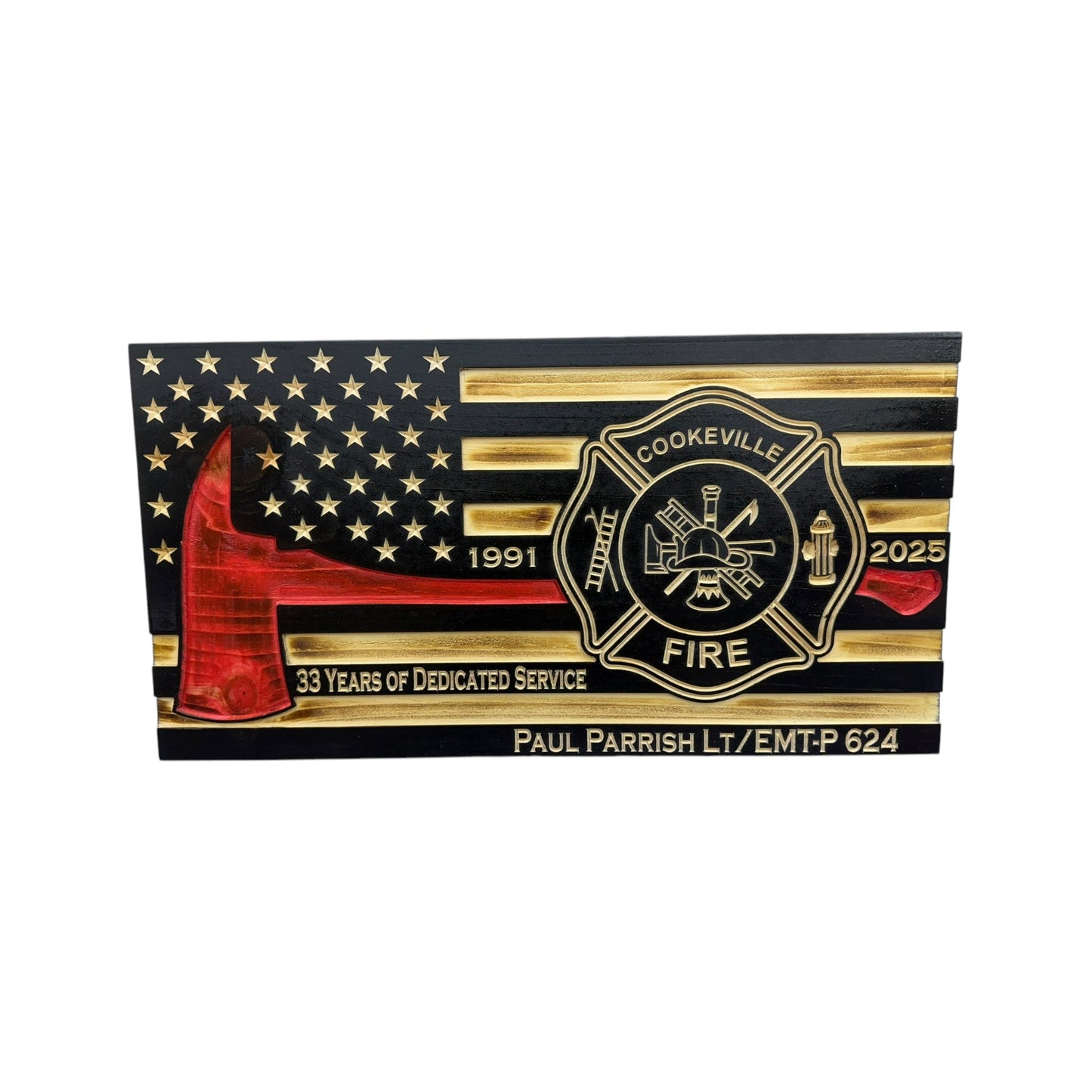Wooden Thin Red Line American Flag with Firefighter Axe and Custom Badge