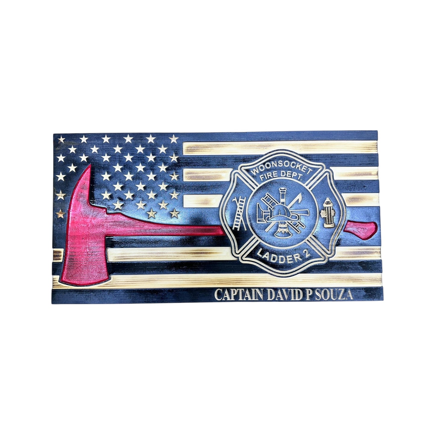 Wooden Thin Red Line American Flag with Firefighter Axe and Custom Badge