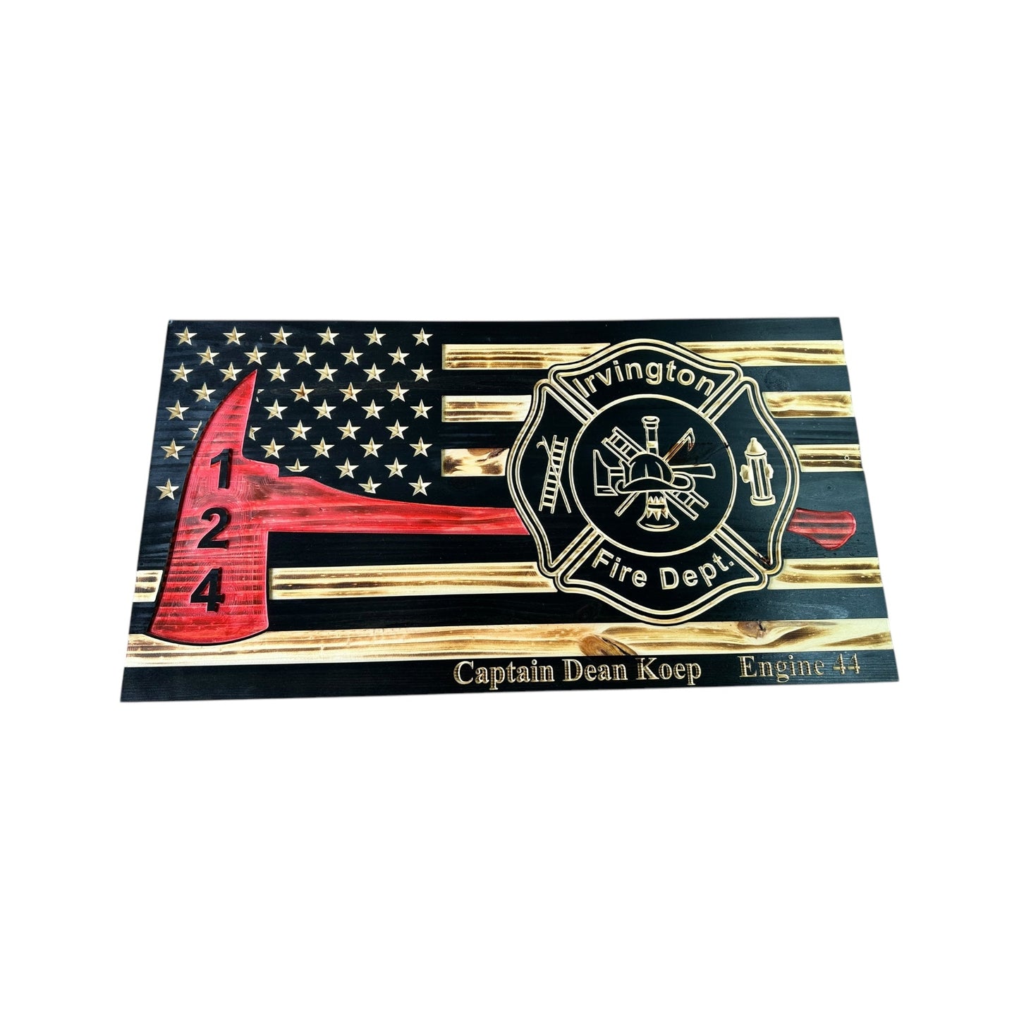 Wooden Thin Red Line American Flag with Firefighter Axe and Custom Badge