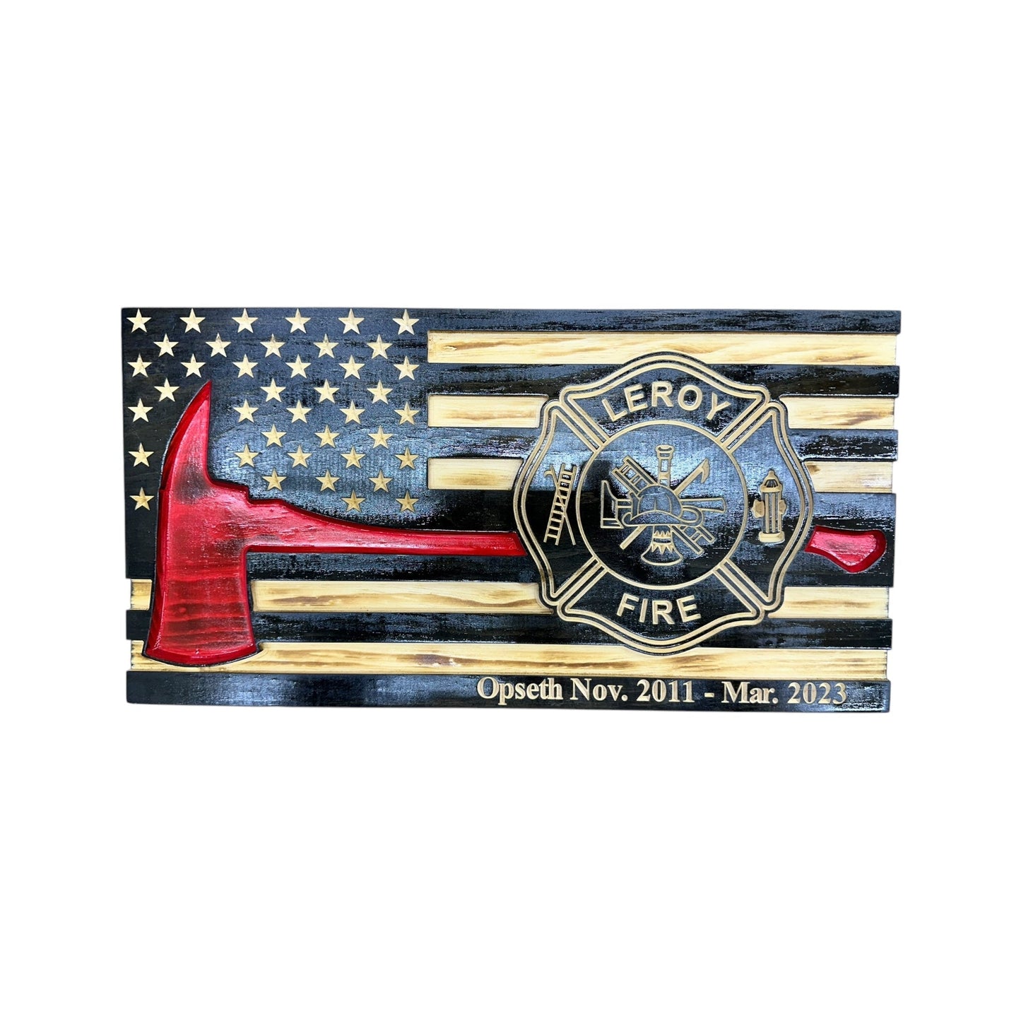 Wooden Thin Red Line American Flag with Firefighter Axe and Custom Badge