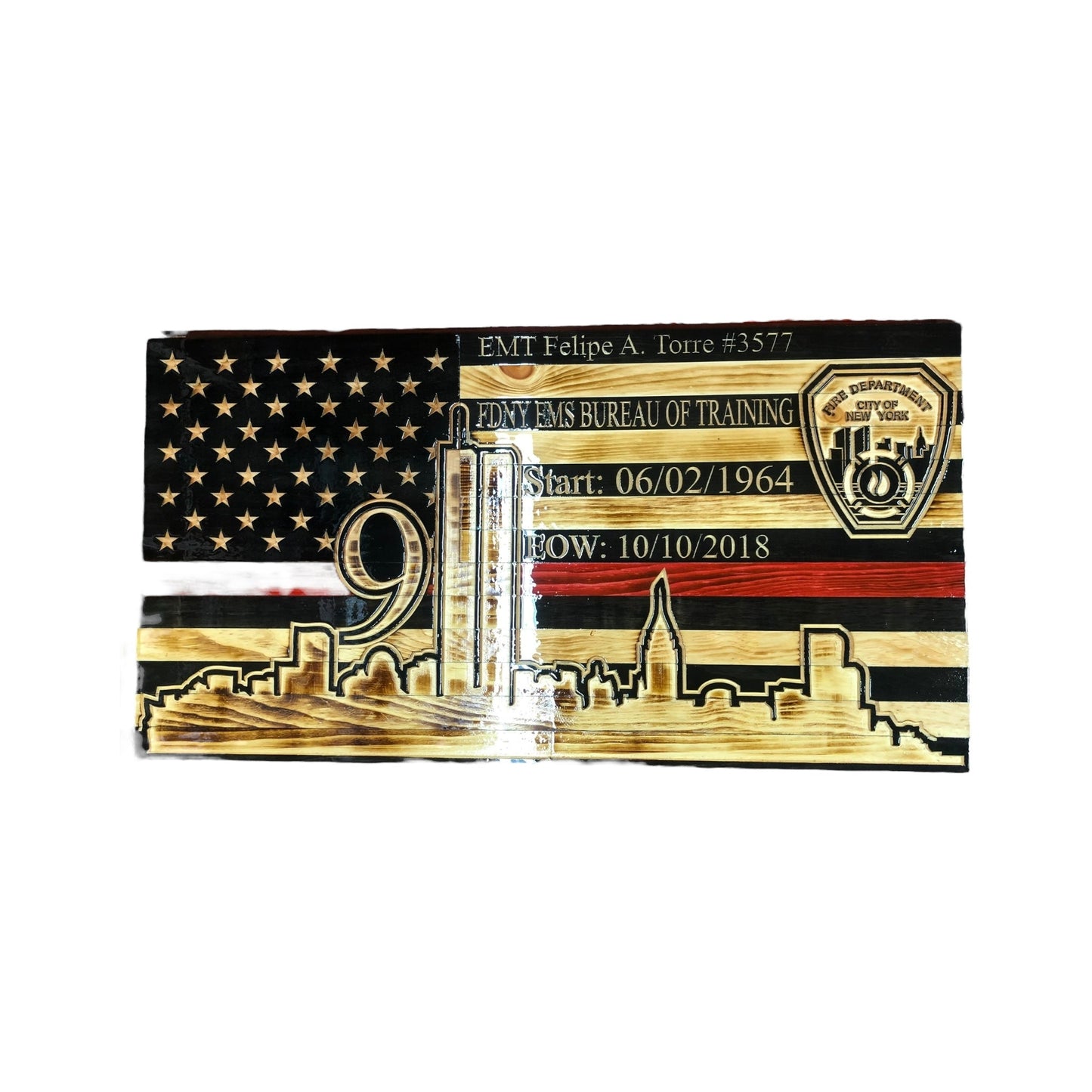 Wooden American Flag with NYC Skyline and Twin Towers - 9/11 Tribute Wall Art