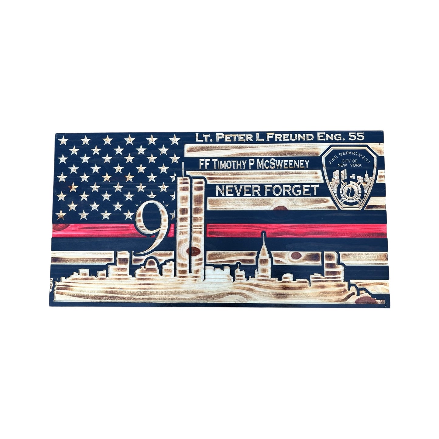Wooden American Flag with NYC Skyline and Twin Towers - 9/11 Tribute Wall Art