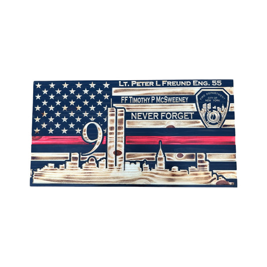 Wooden American Flag with NYC Skyline and Twin Towers - 9/11 Tribute Wall Art