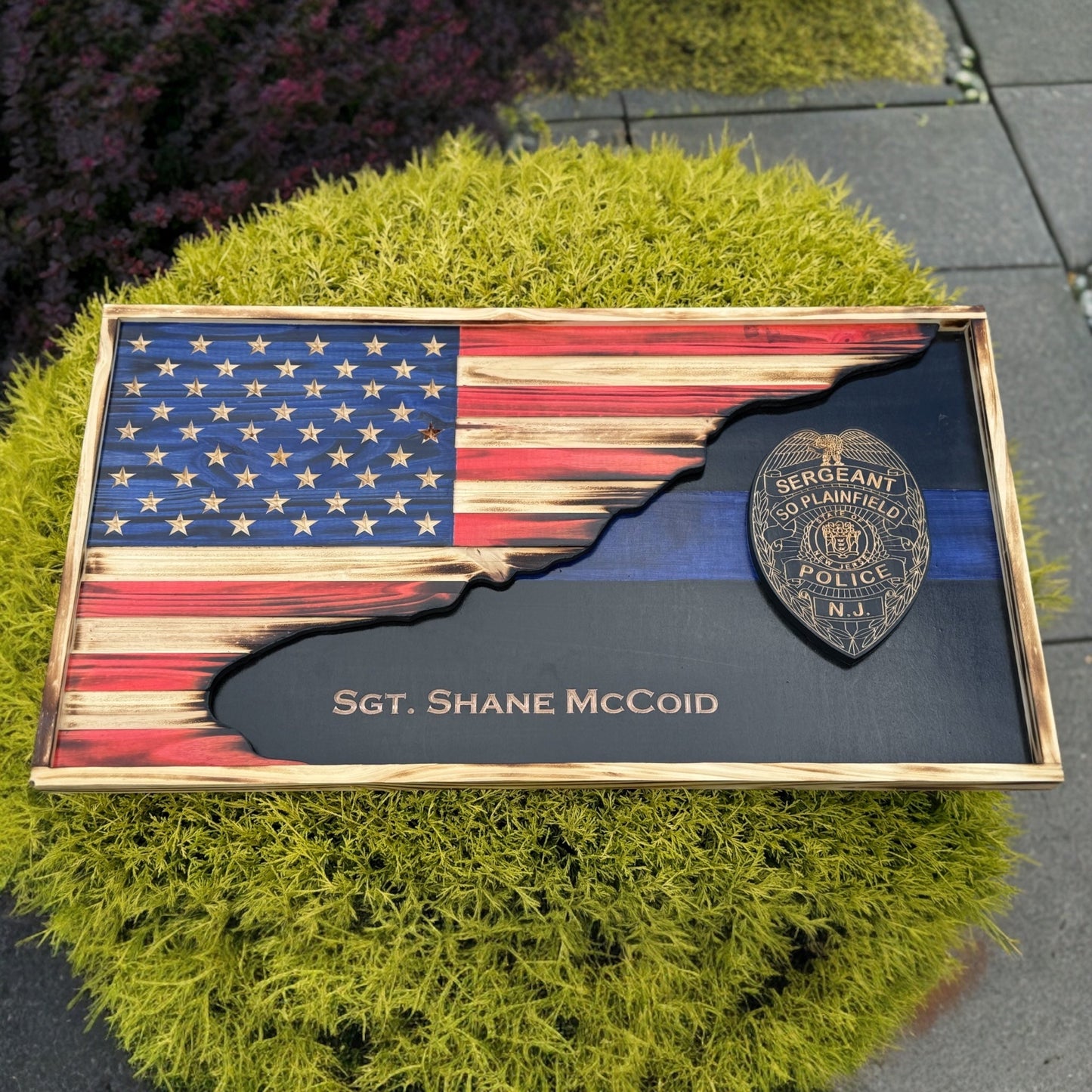 Custom Thin Line American Flag with Badge | 3D Carved First Responder Wall Art