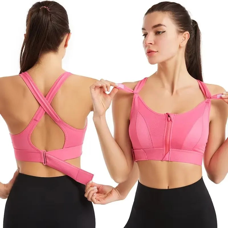 Front Zipper Adjustable Strap Athletic Bra