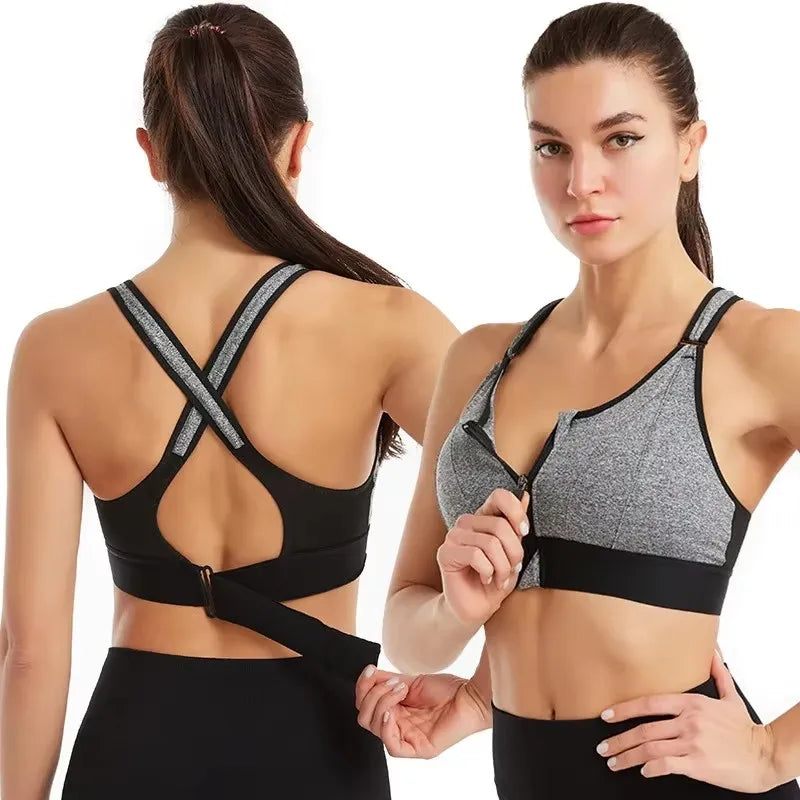 Front Zipper Adjustable Strap Athletic Bra
