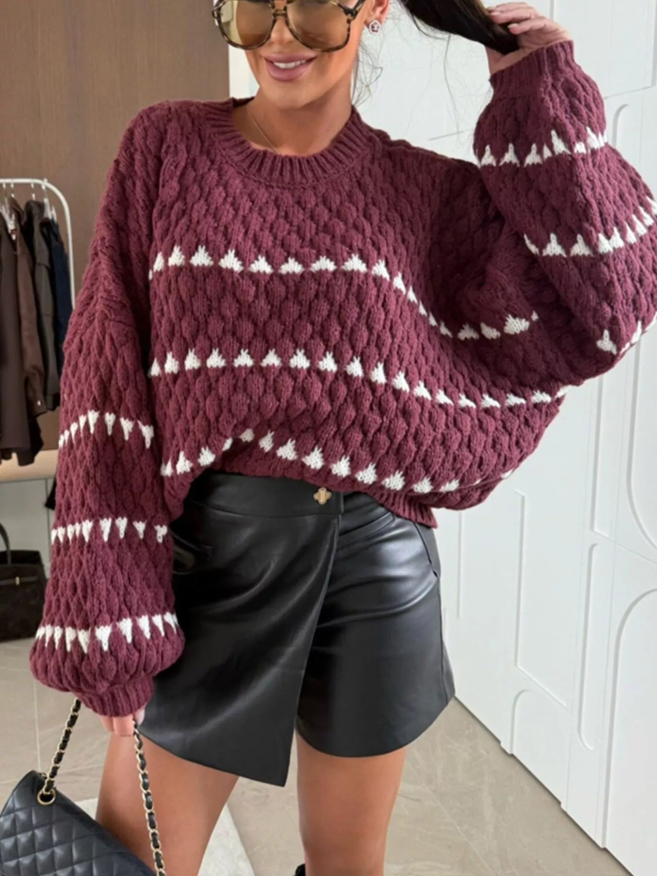 Chunky Knit Striped Sweater with Balloon Sleeves