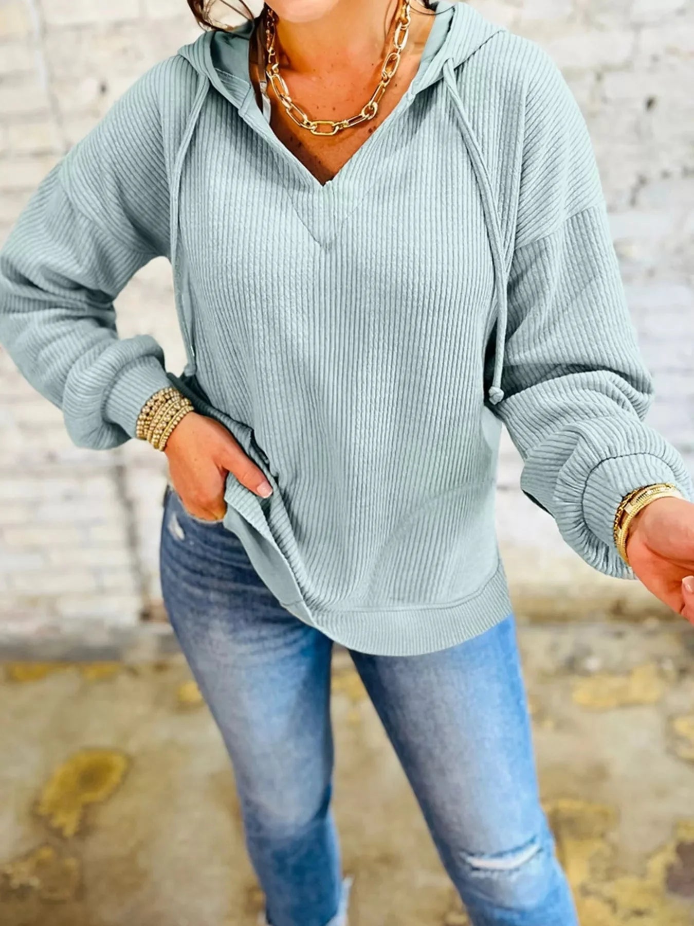 Ribbed Knit Drop Shoulder Hoodie