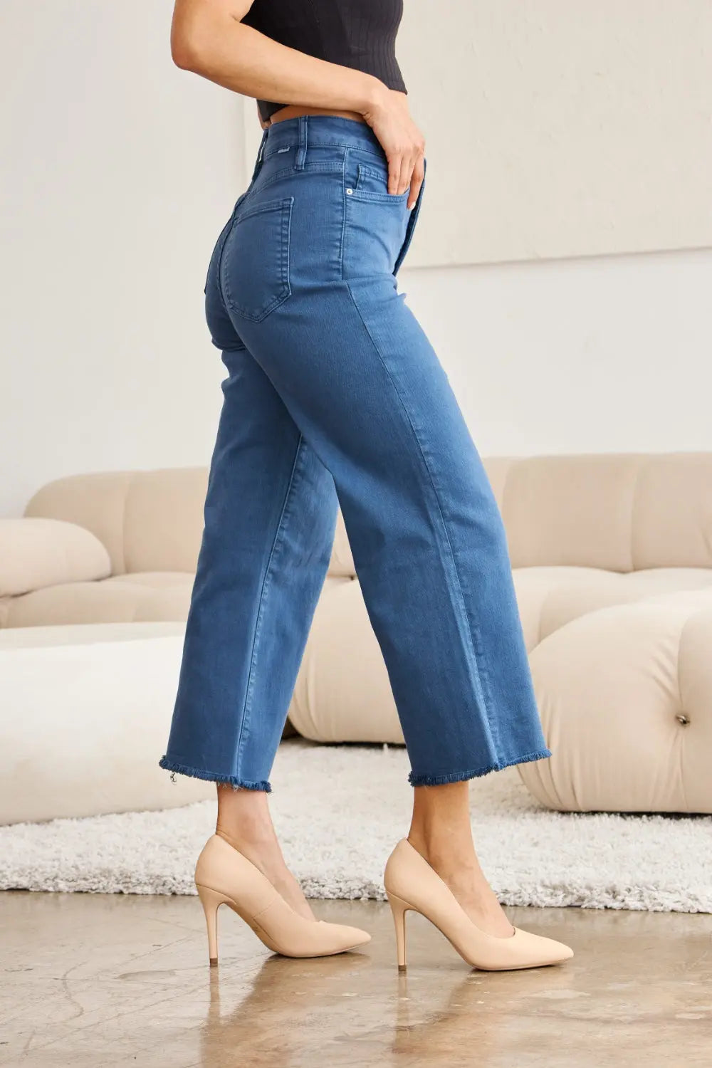 RFM Crop Full Size Tummy Control High Waist Raw Hem Jeans