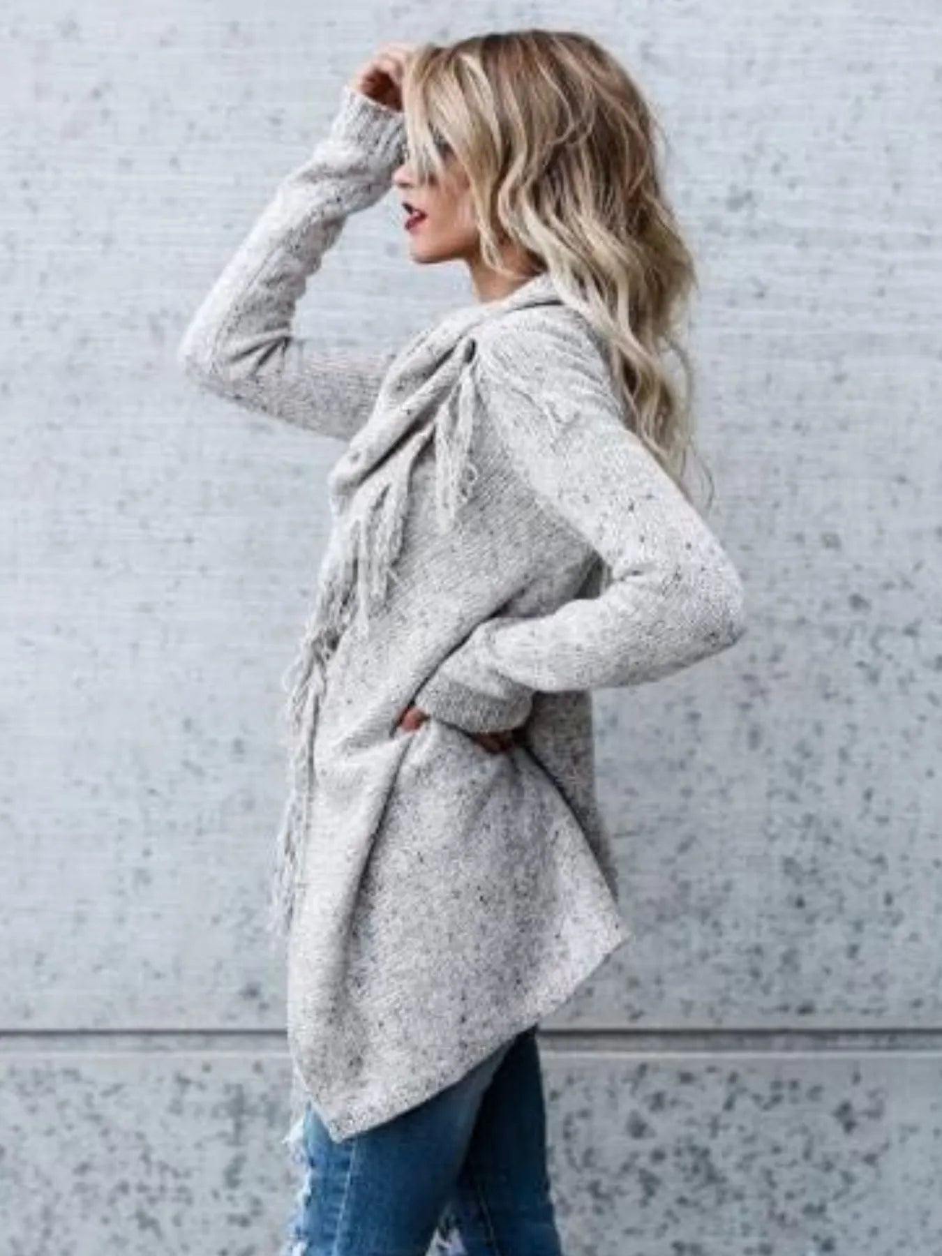 Fringe Long Sleeve Wrap Oversized Cardigan