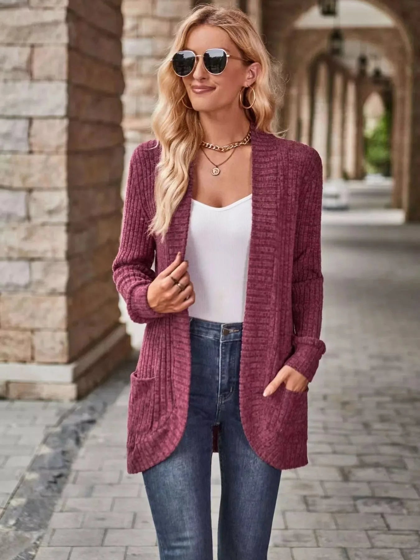 Ribbed Knit Open Front Cardigan