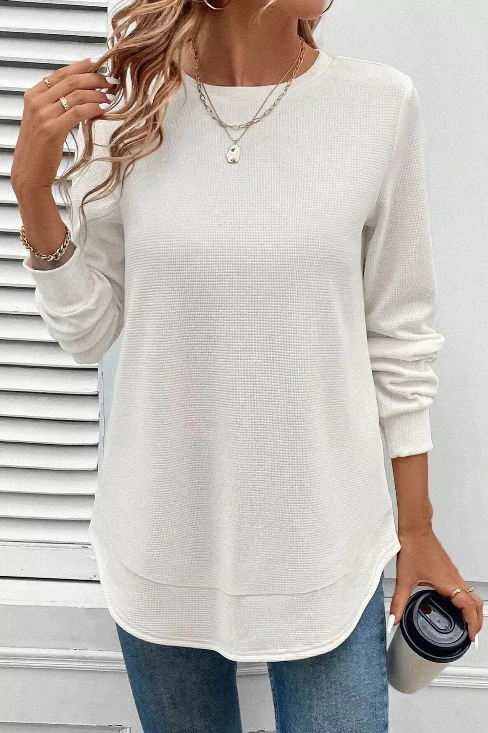 Rounded Neck Long Sleeve Waffle Knit Top