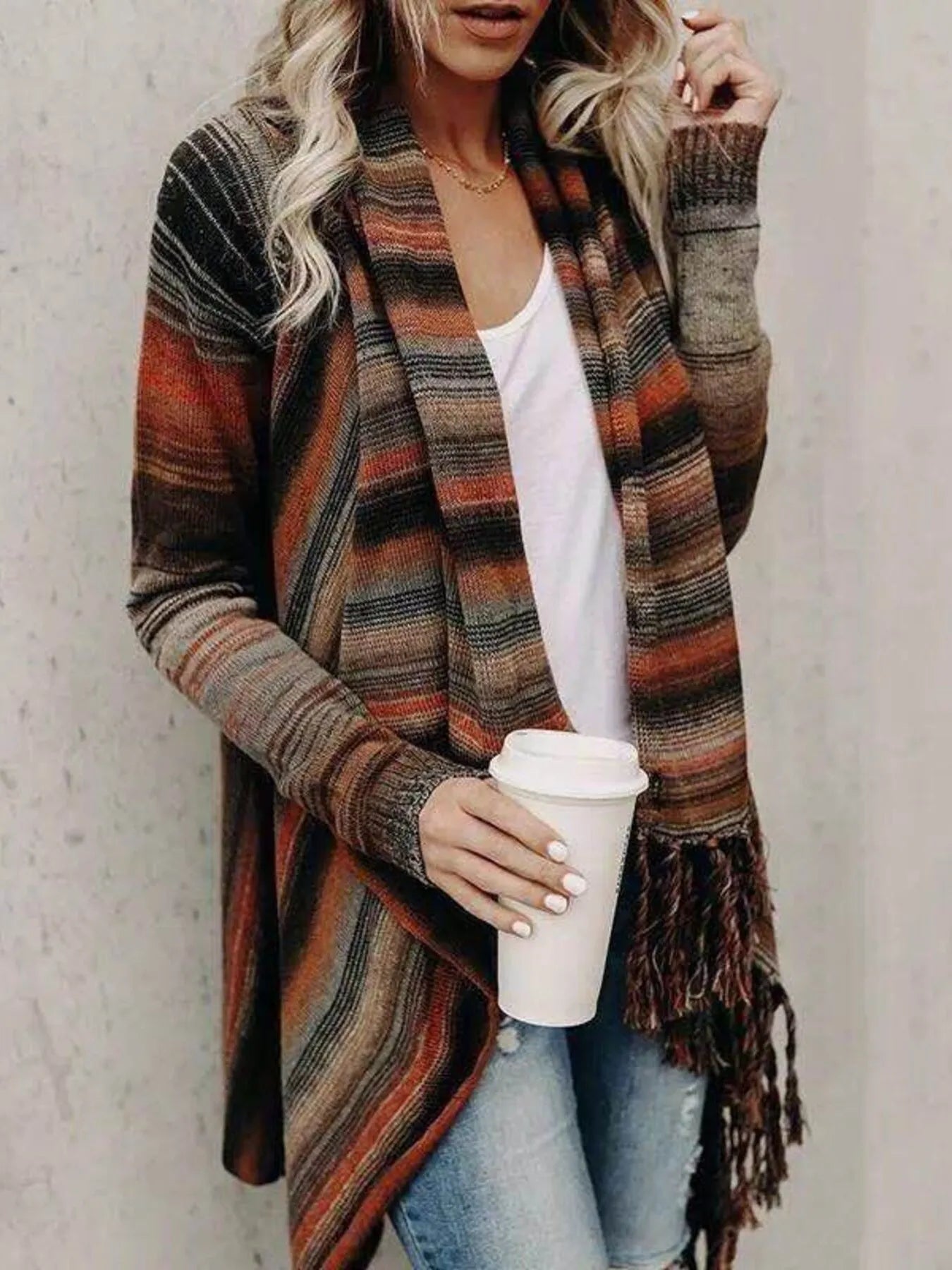 Fringe Long Sleeve Wrap Oversized Cardigan