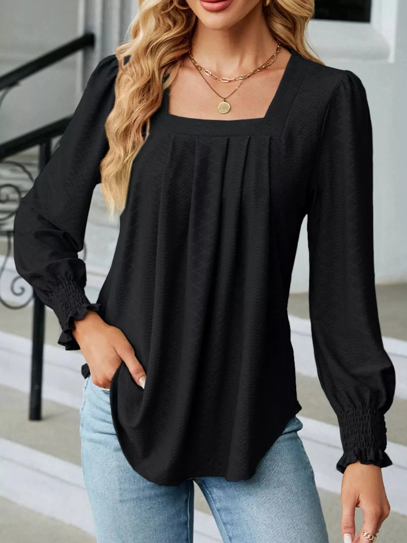 Pleated Square Neck Long Sleeve Top