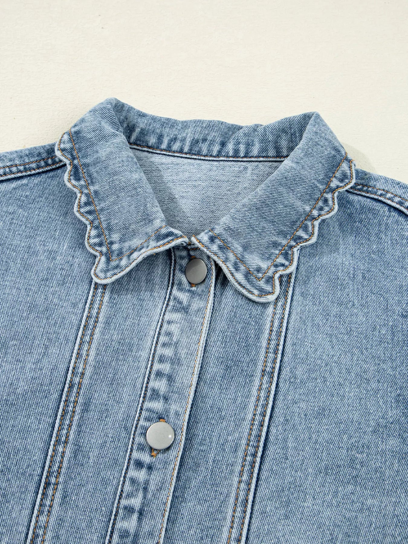 Scallop Trim Collar Patched Pocket Button Up Denim Jacket