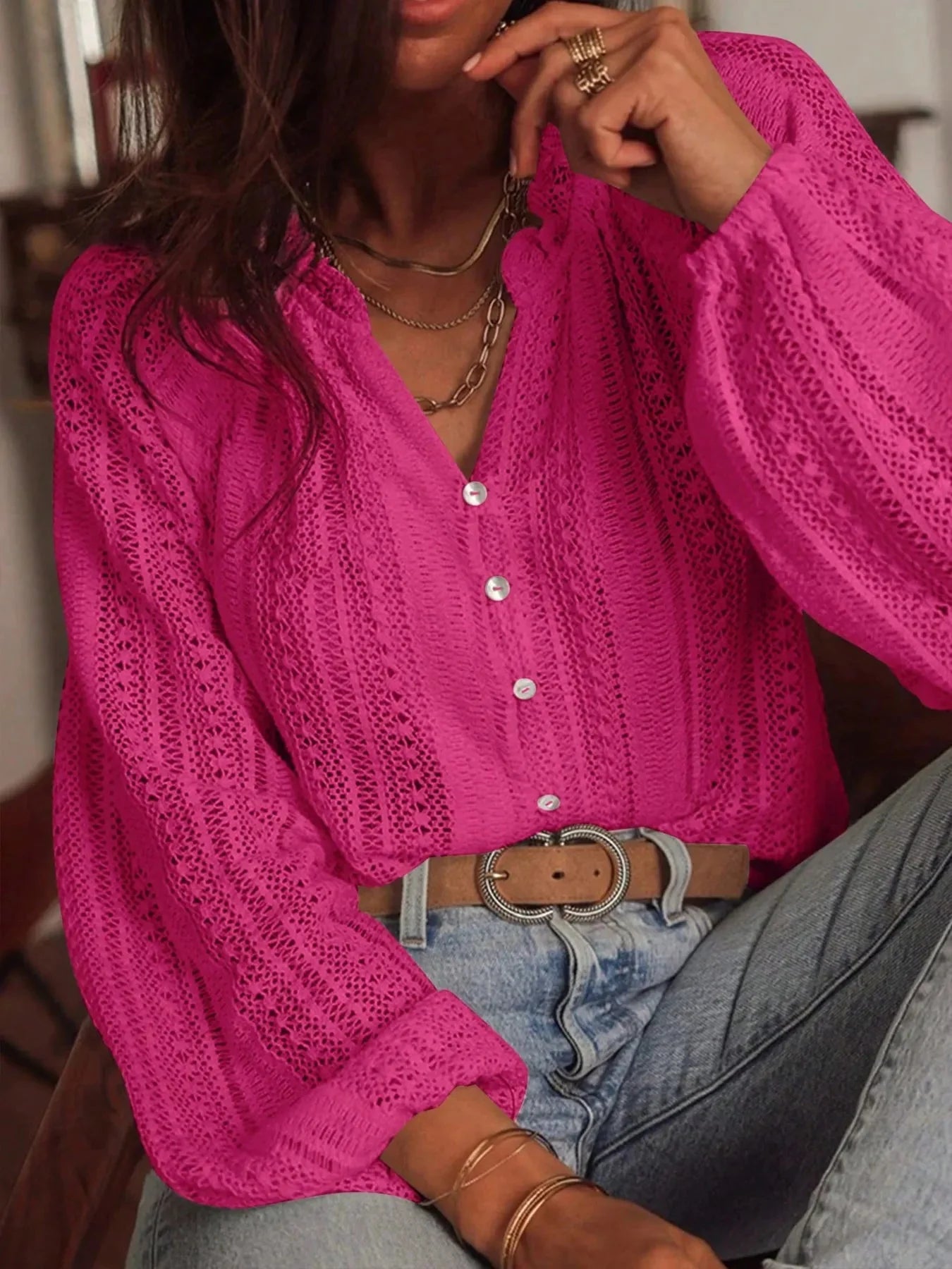 Crochet Notched Button Front Shirt