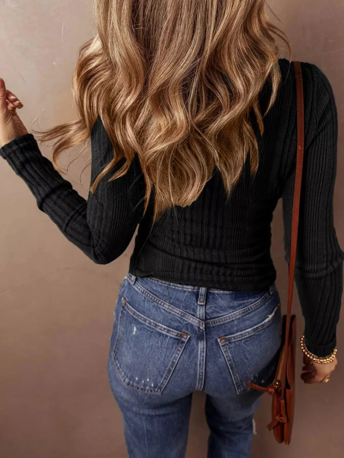 Plus Size Ribbed Knit Button Front Long Sleeve Top