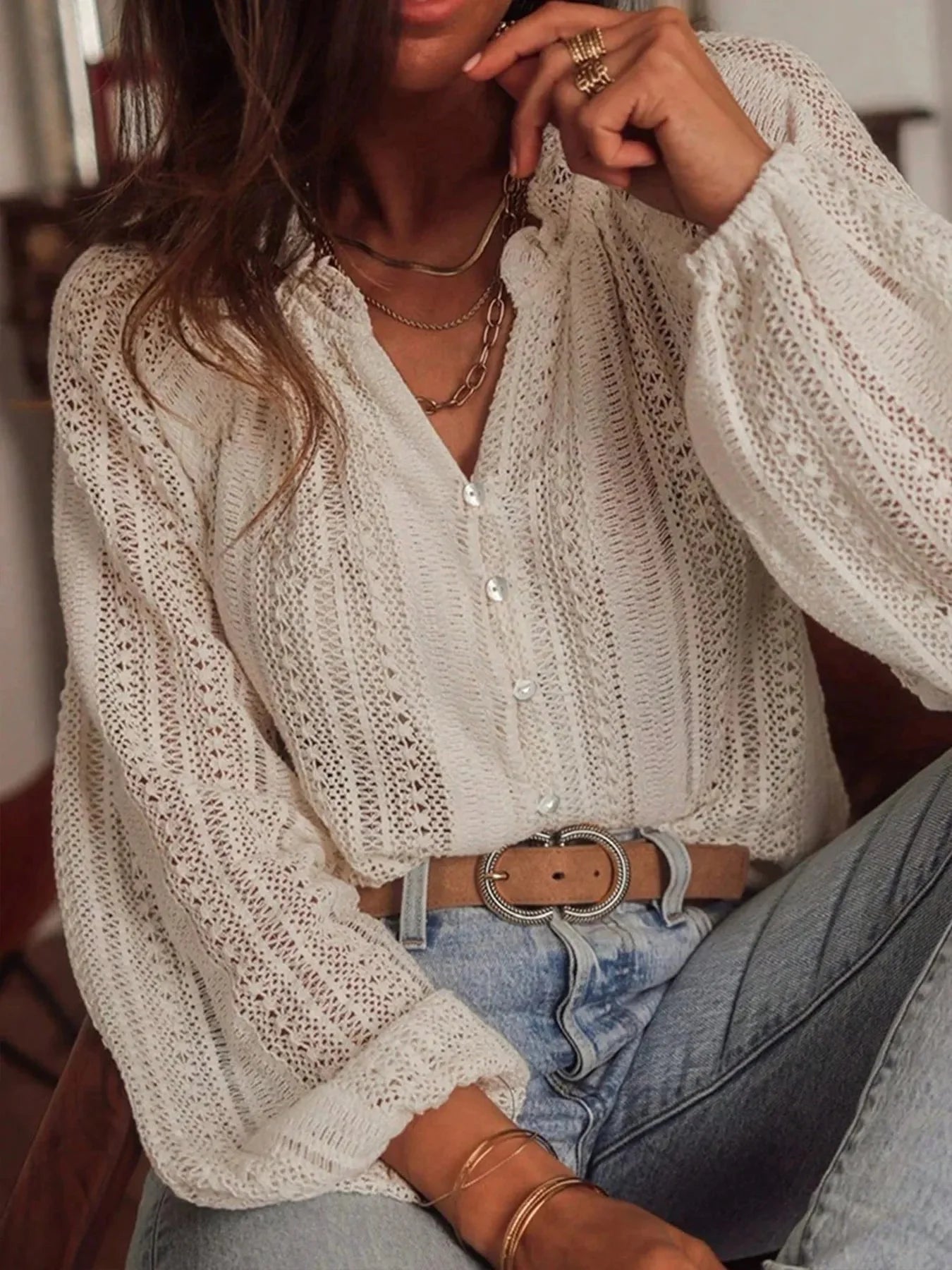 Crochet Notched Button Front Shirt