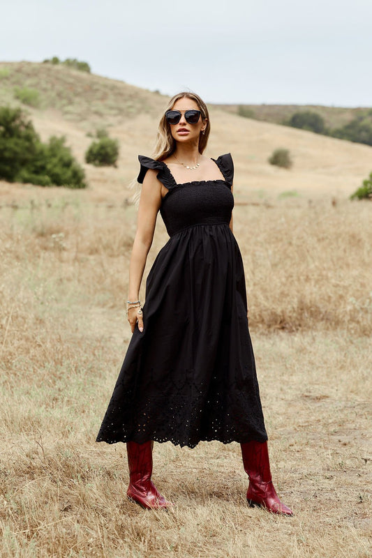 Backroad Beauty Smocked Midi Dress - Black - DOORBUSTER