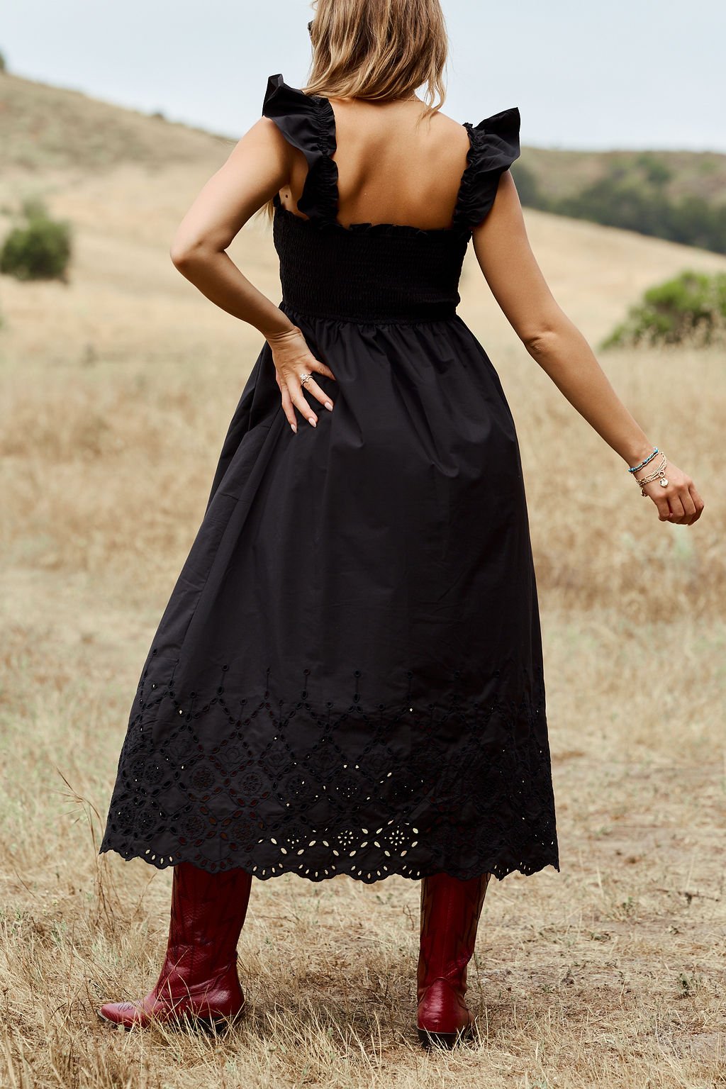 Backroad Beauty Smocked Midi Dress - Black - DOORBUSTER