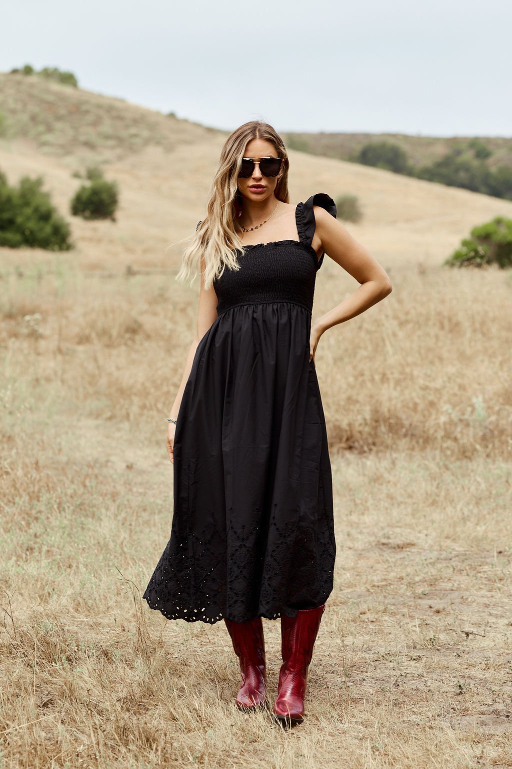 Backroad Beauty Smocked Midi Dress - Black - DOORBUSTER
